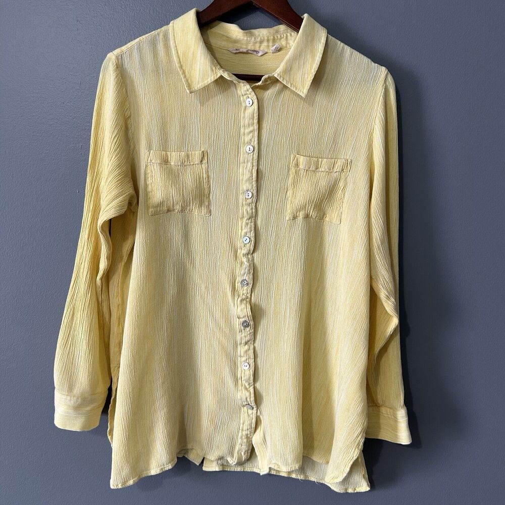 Soft Surroundings Top Tunic Gauzy Crinkle Size XL Yellow Button Down Long Sleeve